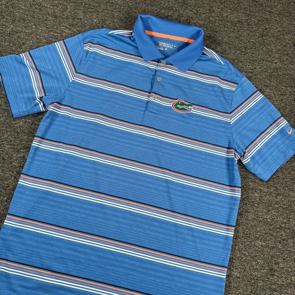 Nike Golf Polo Mens Large Blue Florida Gators Striped Dri-FIT Short Sleeve